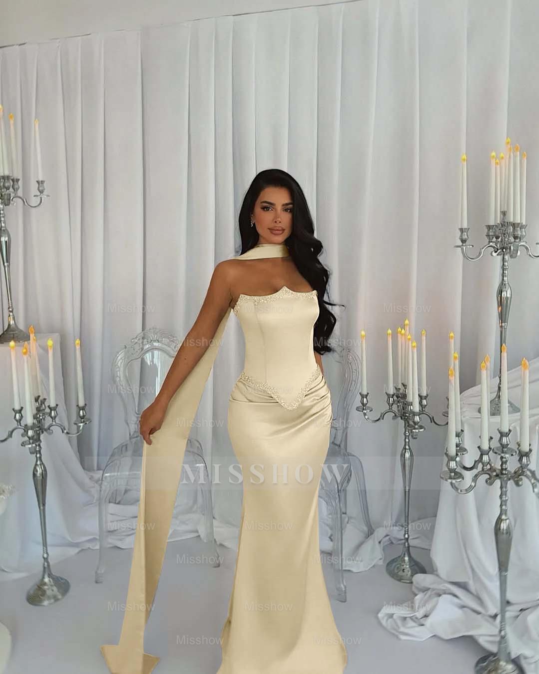 Strapless Sleeveless Long Mermaid Formal Dress With Beading Pleated