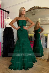 Strapless Sleeveless Long Mermaid Formal Dress With Beading Ruffle
