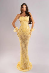 Strapless Sleeveless Long Mermaid Formal Dress With Lace Embroidery Gloves