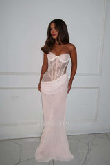 Strapless Sleeveless Long Mermaid Formal Dress With Lace Pleated