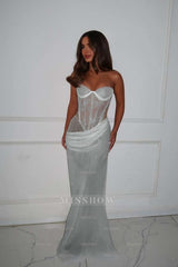 Strapless Sleeveless Long Mermaid Formal Dress With Lace Pleated