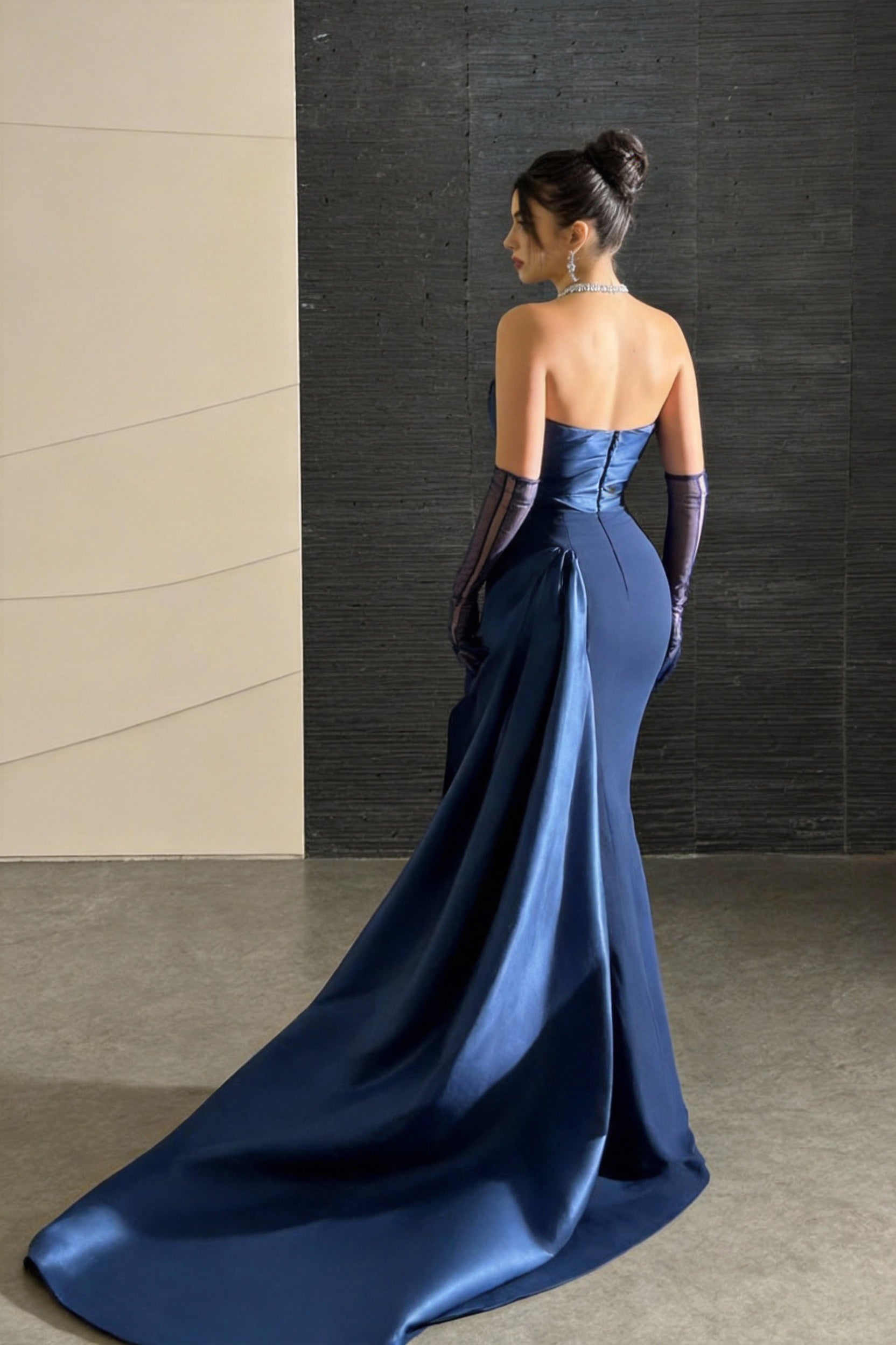 Strapless Sleeveless Long Mermaid Formal Dress With Pleated Gloves