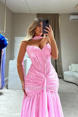 Strapless Sleeveless Long Mermaid Formal Dress With Pleated Scarf