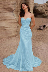 Strapless Sleeveless Long Mermaid Formal Dress With Pleated Sequins