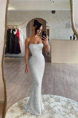 Strapless Sleeveless Long Mermaid Formal Dress With Sequin Pleated
