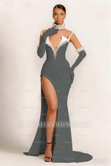Strapless Sleeveless Long Mermaid Formal Dress With Split Gloves