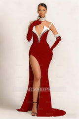 Strapless Sleeveless Long Mermaid Formal Dress With Split Gloves