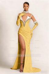 Strapless Sleeveless Long Mermaid Formal Dress With Split Gloves