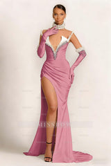 Strapless Sleeveless Long Mermaid Formal Dress With Split Gloves