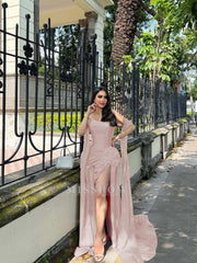 Strapless Sleeveless Long Mermaid Formal Dress With Split Pleated