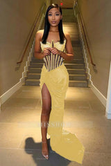 Strapless Sleeveless Long Mermaid Formal Dress With Split Pleated