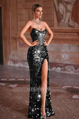 Strapless Sleeveless Long Mermaid Formal Dress With Split Sequins