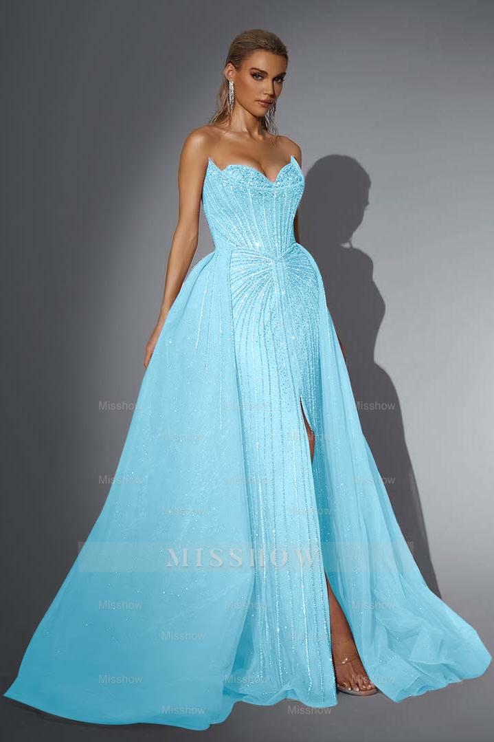 Strapless Sleeveless Long Mermaid Formal Dress With Split Sequins
