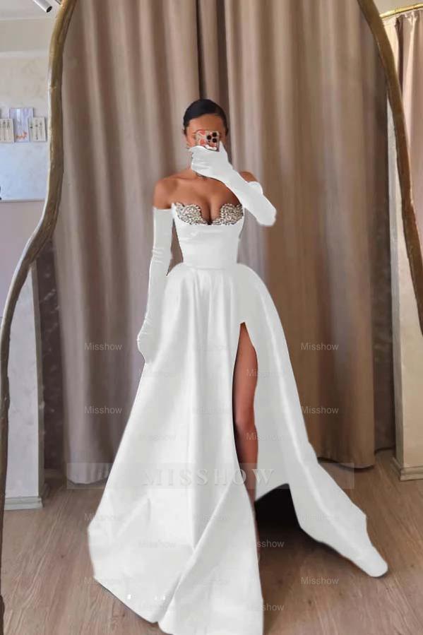 Strapless Sleeveless Long Split Formal Dress With Beading Long Gloves