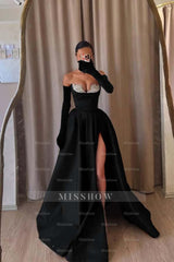 Strapless Sleeveless Long Split Formal Dress With Beading Long Gloves