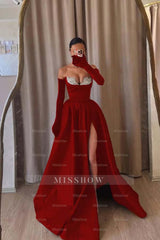 Strapless Sleeveless Long Split Formal Dress With Beading Long Gloves