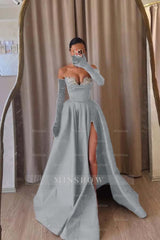 Strapless Sleeveless Long Split Formal Dress With Beading Long Gloves