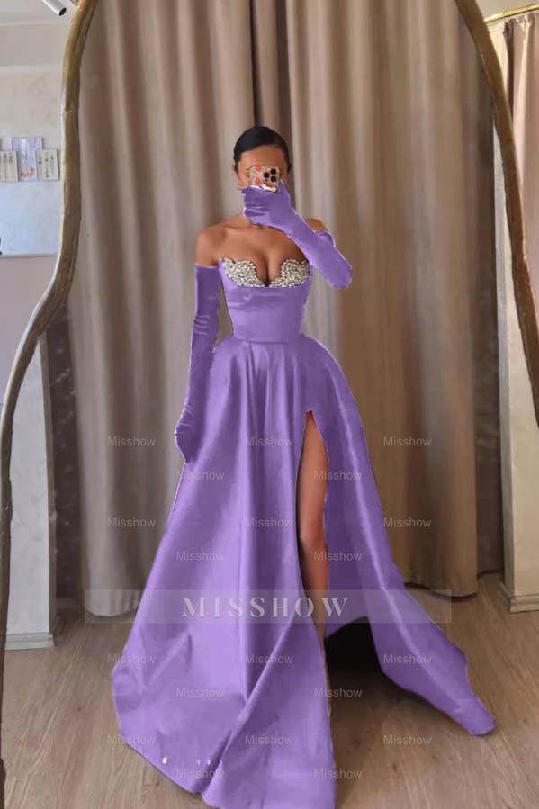 Strapless Sleeveless Long Split Formal Dress With Beading Long Gloves