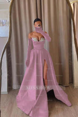 Strapless Sleeveless Long Split Formal Dress With Beading Long Gloves