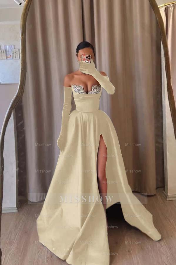 Strapless Sleeveless Long Split Formal Dress With Beading Long Gloves