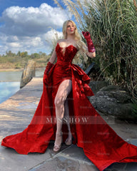 Strapless Sleeveless Long Split Formal Dress With Gloves Beading