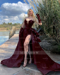 Strapless Sleeveless Long Split Formal Dress With Gloves Beading