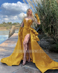 Strapless Sleeveless Long Split Formal Dress With Gloves Beading