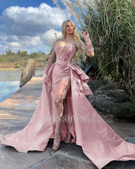 Strapless Sleeveless Long Split Formal Dress With Gloves Beading