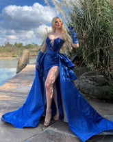 Strapless Sleeveless Long Split Formal Dress With Gloves Beading