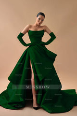Strapless Sleeveless Long Split Formal Dress With Gloves Pleated