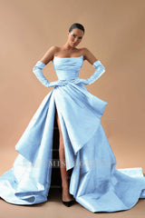 Strapless Sleeveless Long Split Formal Dress With Gloves Pleated