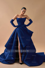 Strapless Sleeveless Long Split Formal Dress With Gloves Pleated