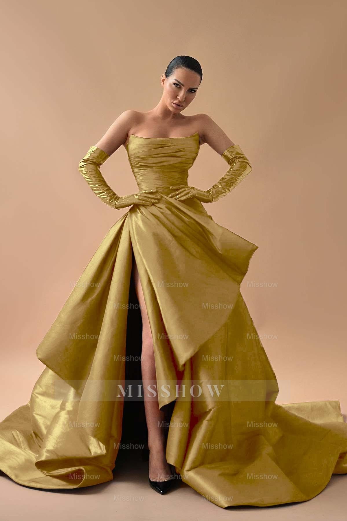 Strapless Sleeveless Long Split Formal Dress With Gloves Pleated