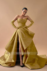 Strapless Sleeveless Long Split Formal Dress With Gloves Pleated