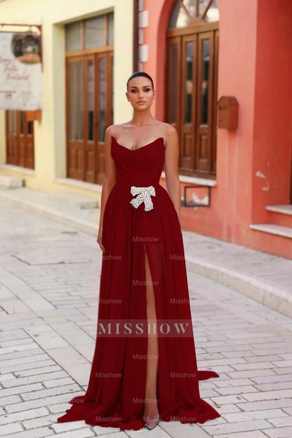 Strapless Sleeveless Long Split Formal Dress With Pleated Beading