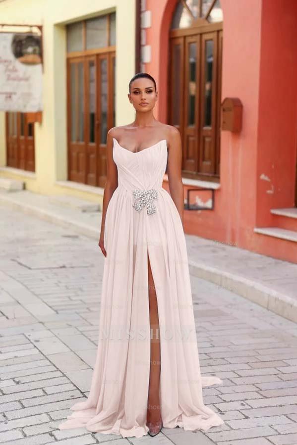 Strapless Sleeveless Long Split Formal Dress With Pleated Beading