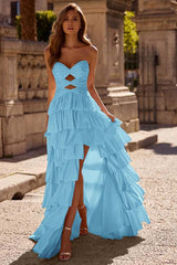 Strapless Sleeveless Long Split Formal Dress With Pleated Beading