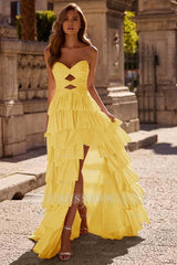 Strapless Sleeveless Long Split Formal Dress With Pleated Beading