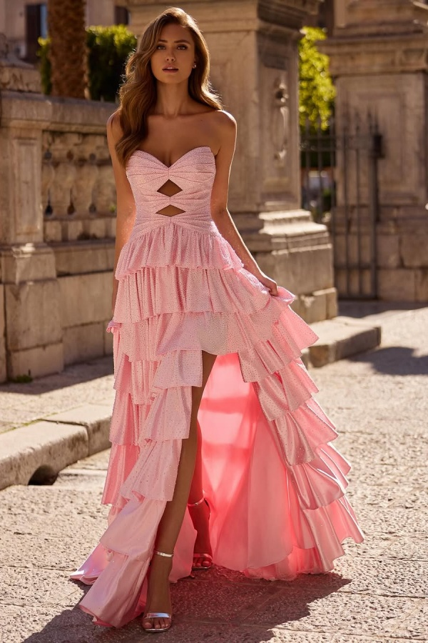Strapless Sleeveless Long Split Formal Dress With Pleated Beading