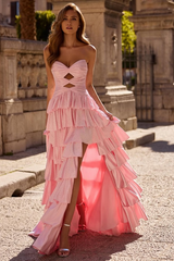 Strapless Sleeveless Long Split Formal Dress With Pleated Beading