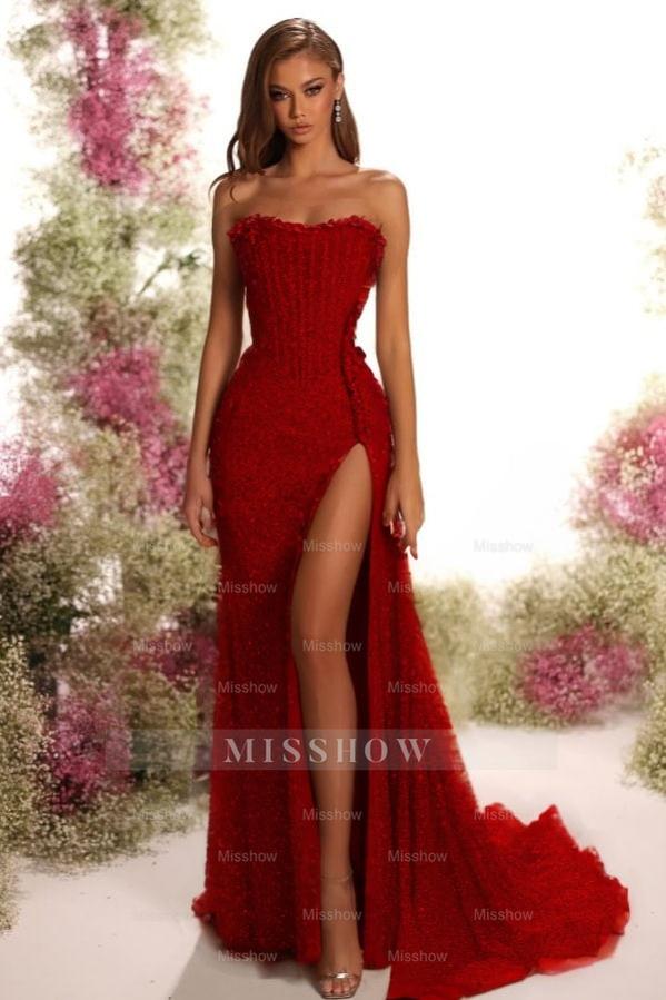 Strapless Sleeveless Long Split Formal Dress With Pleated Sequins