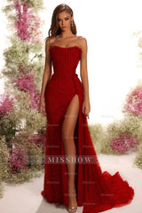 Strapless Sleeveless Long Split Formal Dress With Pleated Sequins
