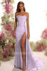 Strapless Sleeveless Long Split Formal Dress With Pleated Sequins