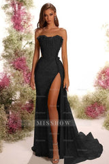 Strapless Sleeveless Long Split Formal Dress With Pleated Sequins