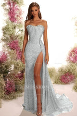 Strapless Sleeveless Long Split Formal Dress With Pleated Sequins