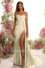 Strapless Sleeveless Long Split Formal Dress With Pleated Sequins