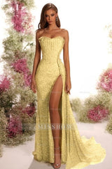 Strapless Sleeveless Long Split Formal Dress With Pleated Sequins