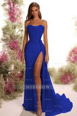 Strapless Sleeveless Long Split Formal Dress With Pleated Sequins