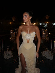 Strapless Sleeveless Long Split Formal Dress With Ruffle Appliques