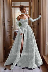 Strapless Sleeveless Long Split Formal Dress With Sequins Detachable sleeves
